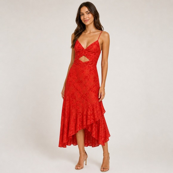 Free People Dresses & Skirts - Boho Chic Free People Red Floral Jacquard High-Low Maxi Dress Cutout Festival 2